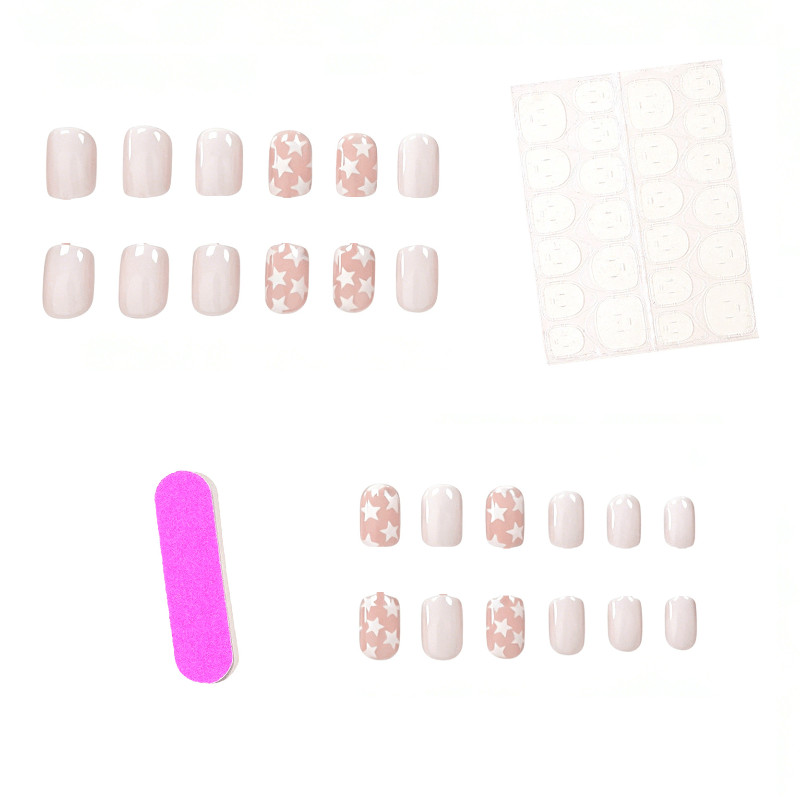 48pcs Short Almond Press on Nails, Nude Pink White Star Sweet Casual Nails