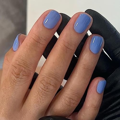 Lake Blue Press on Nails Short Square Fake Nails with Nail Glue Cute lake blue