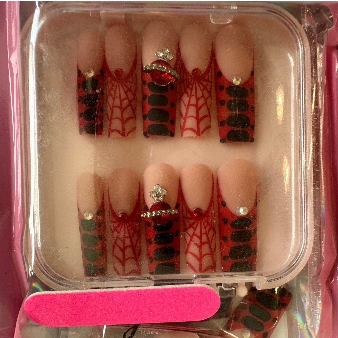 Red and Black Spiderweb Heart Press On Nails Square Coquette French Tip Gothic