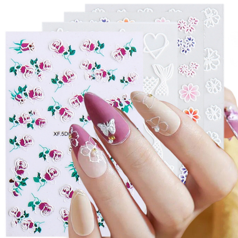 5D Embossed Flowers Rose Butterfly Rabbit Daisy Cameo Nail Art Stickers DIY