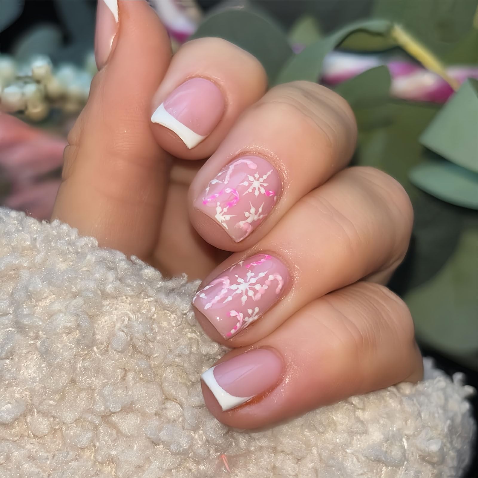 Snowflake Press On Nails Short Square, 24Pcs Snowflake Fake Nails With Candy …