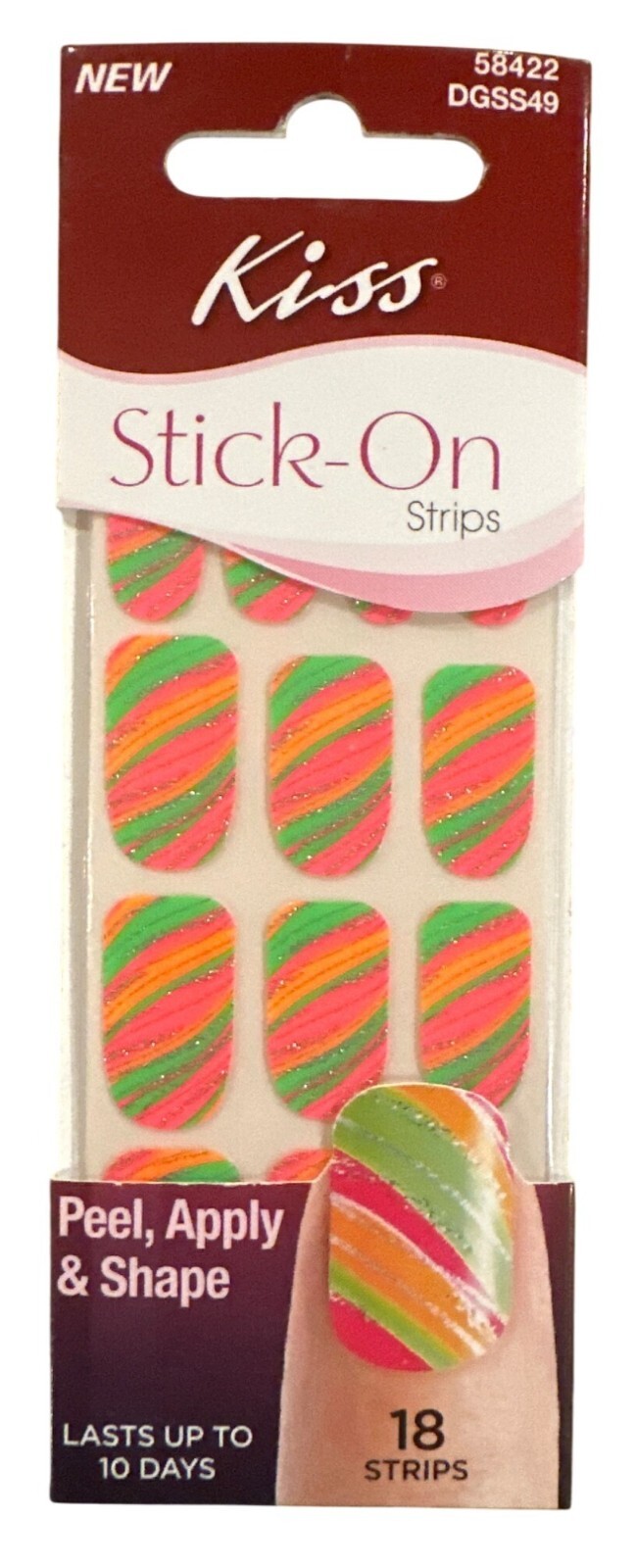 Kiss Stick-On Peel Apply and Shape 18 Strips/Nail Pink+Green+Orange Neon Glitter