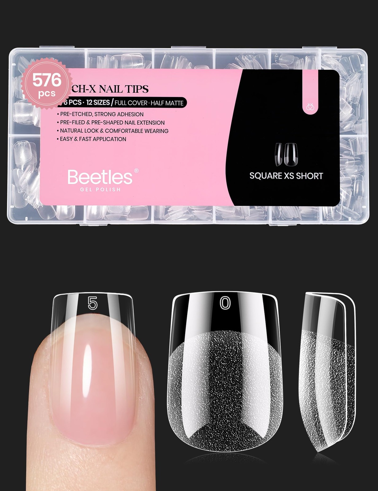 Beetles Short 0.5 Fl Oz (Pack of 1), Square Nail Tips 12 Sizes 576 PCS