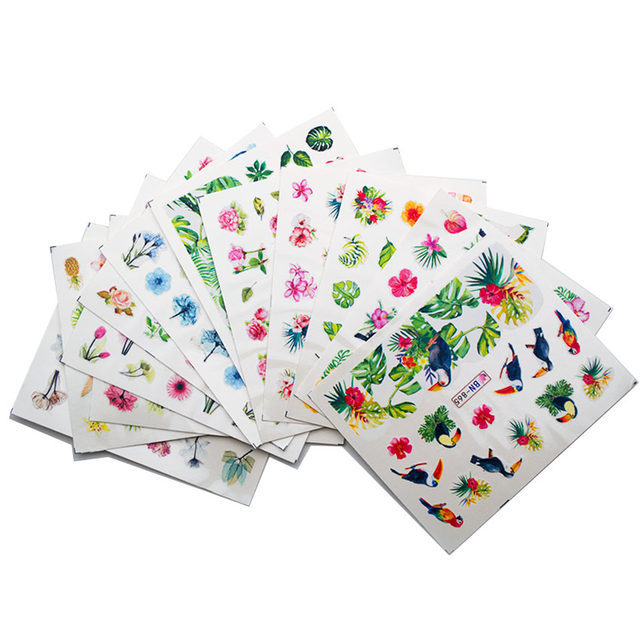 Nail Art Water Transfer Sticker Ink Flower Green Leaves Rose Bird Floral Decals