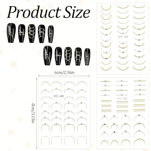 3Pcs French Line Nail Art Stickers Decals/Silver French Stripes Wave Nail Gold
