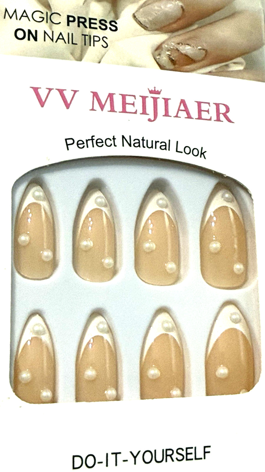 VV Meijiaer Magic Press On Nails Natural Look NUDE with WHITE FRENCH TIP & PEARL