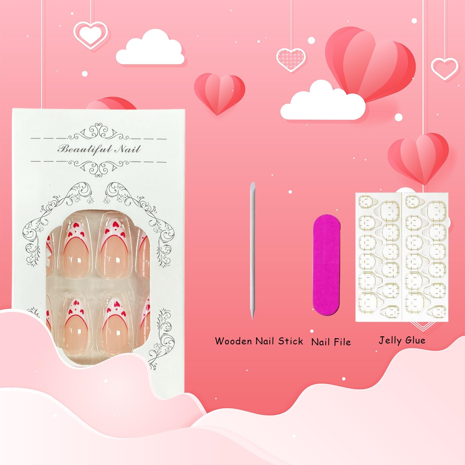 Valentines Press on Nails Medium Almond Fake Nails With Red Heart 3D Bow Char…