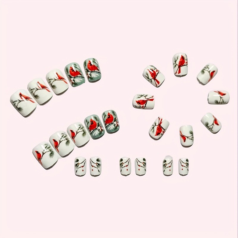 48pcs Christmas Cardinal Press On Nails Snowy Festive Holiday Wearable Nail Art