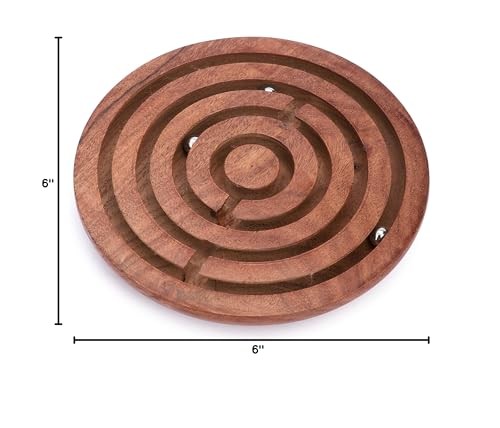 Ajuny Handcrafted Indian Wooden Round Labyrinth Ball Maze 6 Inch, Brown