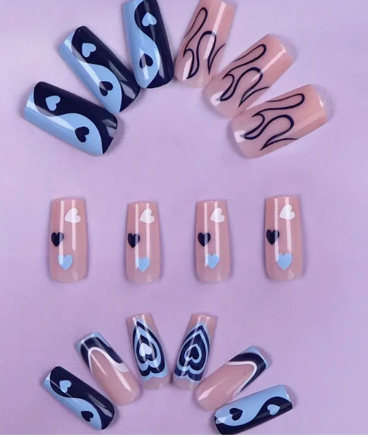 24 Pcs Press-On Nails Long Square Glossy – White & Blue w/Hearts & Flames