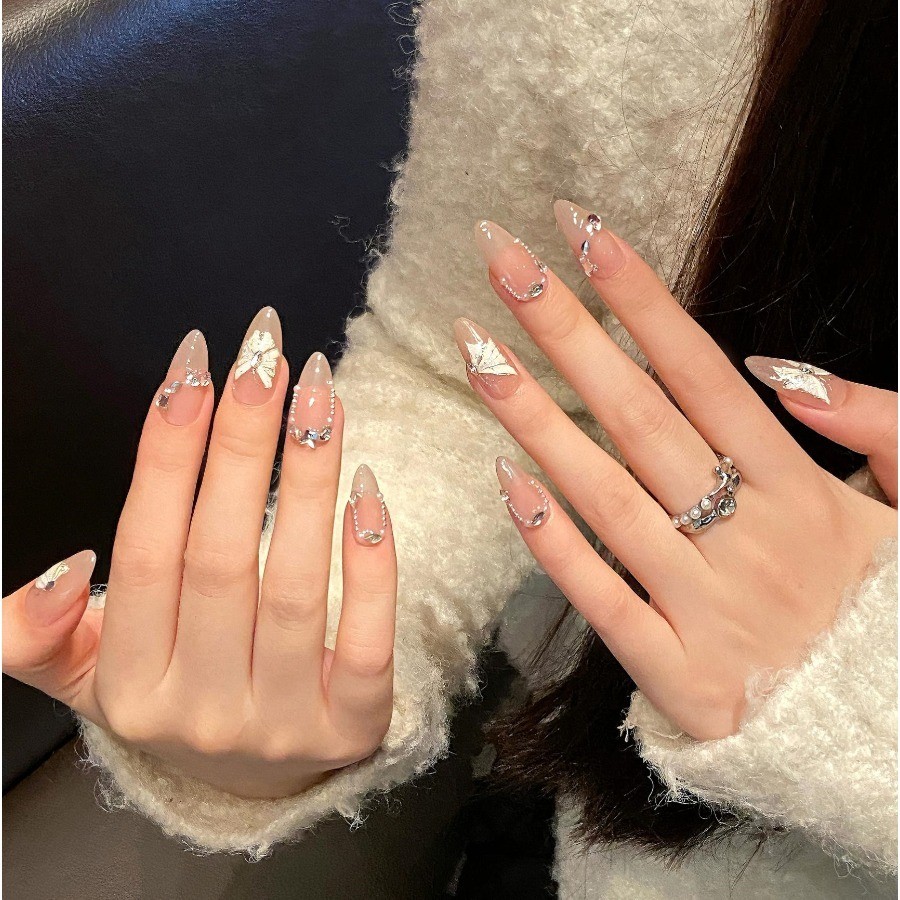 10Pcs Nude Rhinestone Swallowtail Butterfly 3D Carved Medium Almond Nails