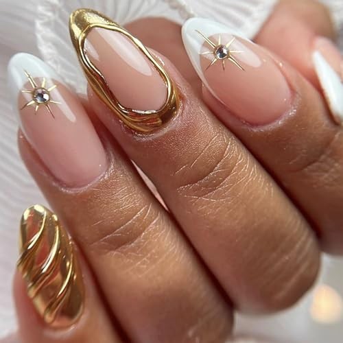 French Tip Press On Nails Medium Almond Fake Nails Gold False normal-nails13