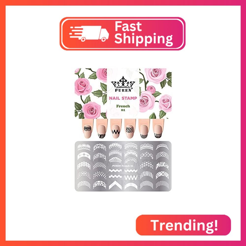 PUEEN Nail Art Stamping Plate -French 01-125x65mm Unique Nailart Polish Stamping