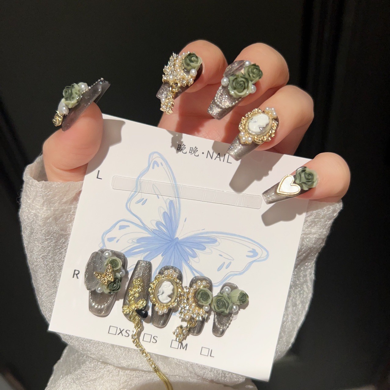 Dark Green Handmade Press On Nails Luxury Goth Style