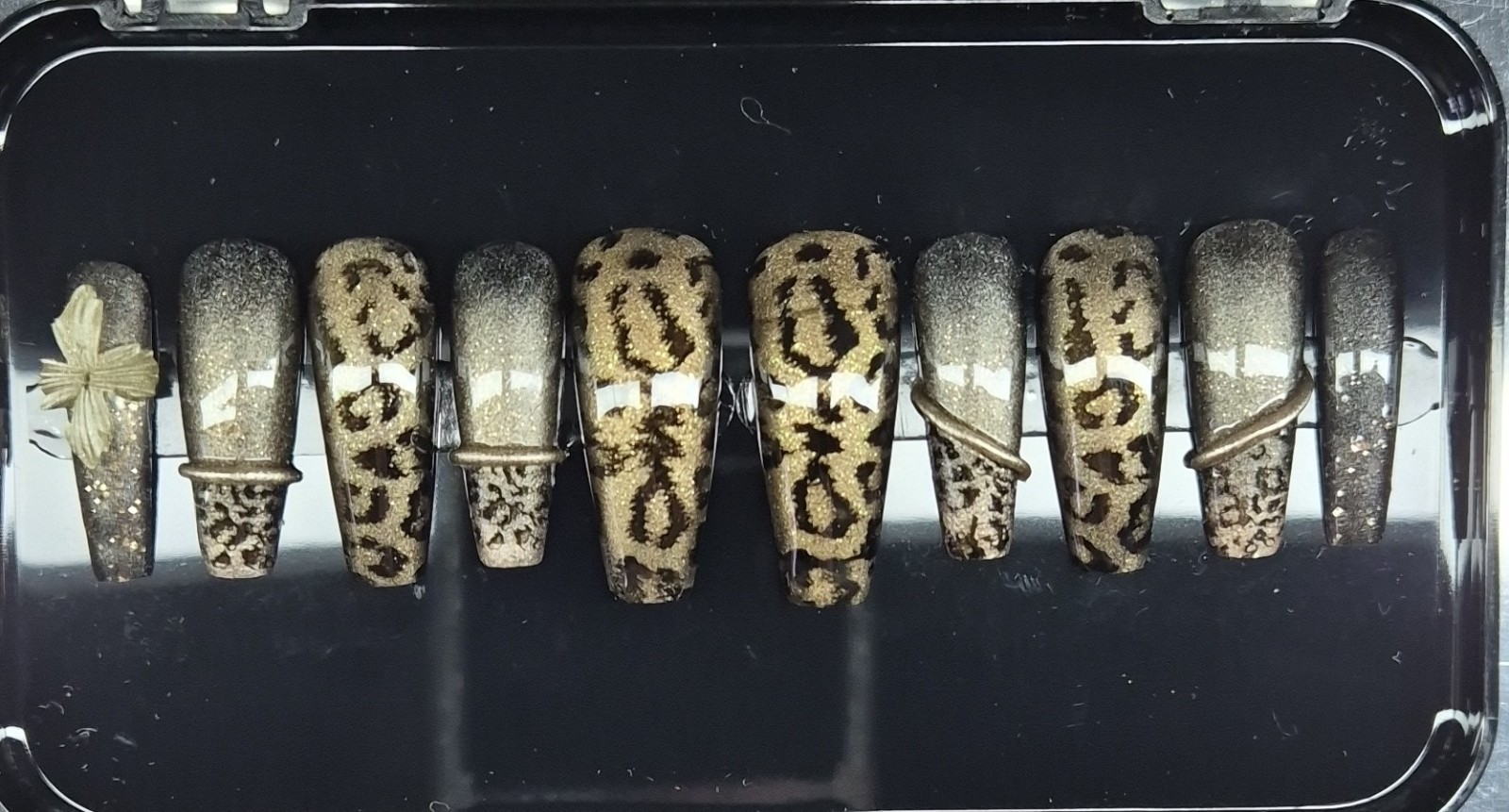 Gold Black Glitter Leopard Coffin Press-On Nails Pre-Designed Full Cover