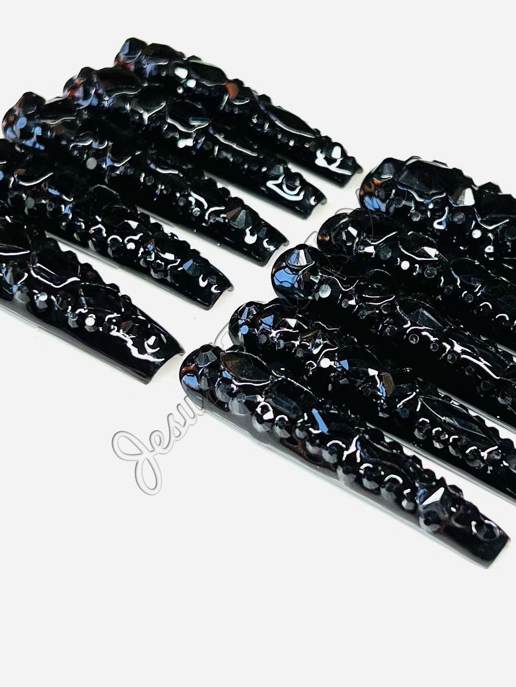 CLEARANCE BLACK JEWELS – CUSTOM XXXL LONG BALLERINA GEL PRESS ON NAILS ❤️❤️