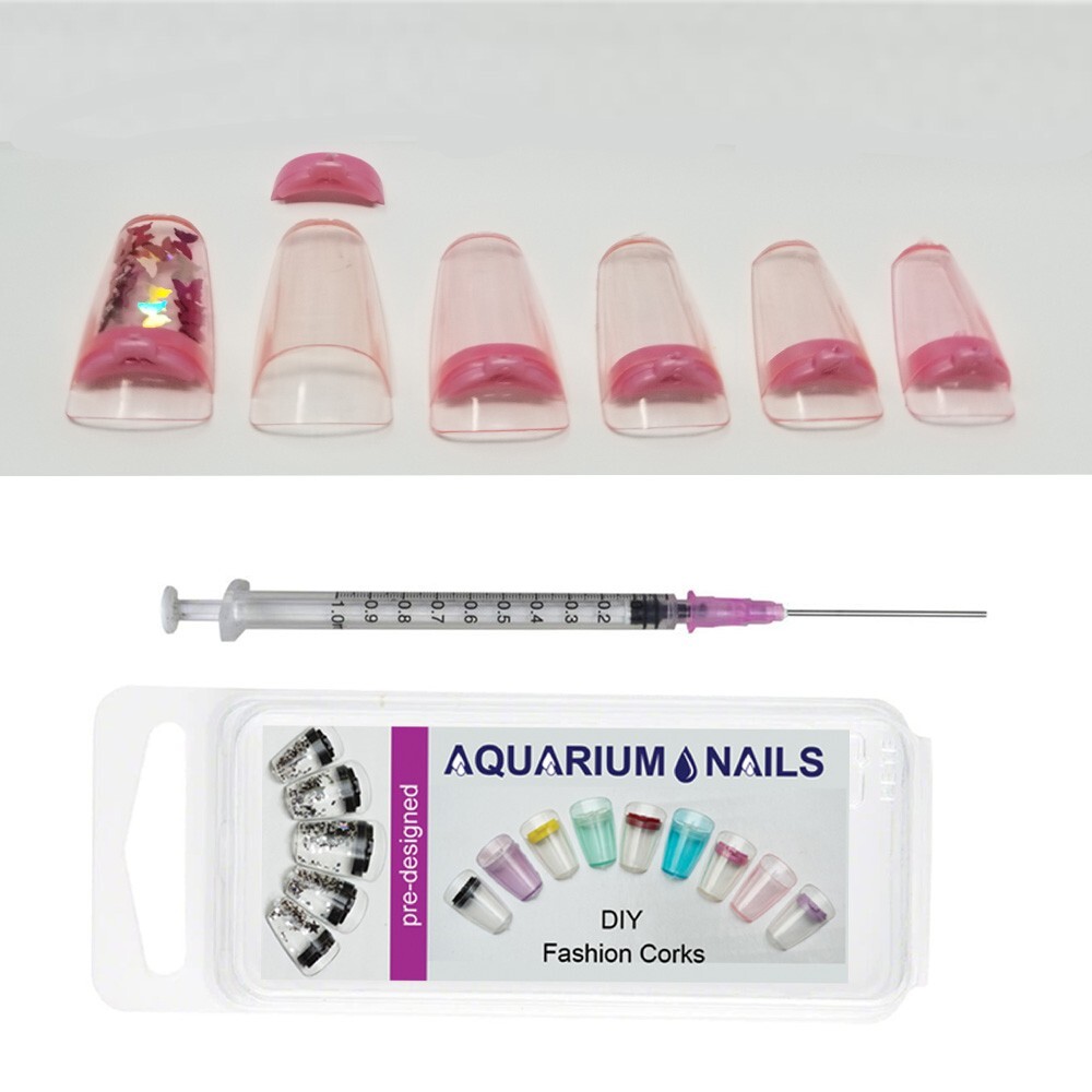 24 Aquarium Nails AQUA Pink Acrylic False Nail Art Tips Syringe injector Kit