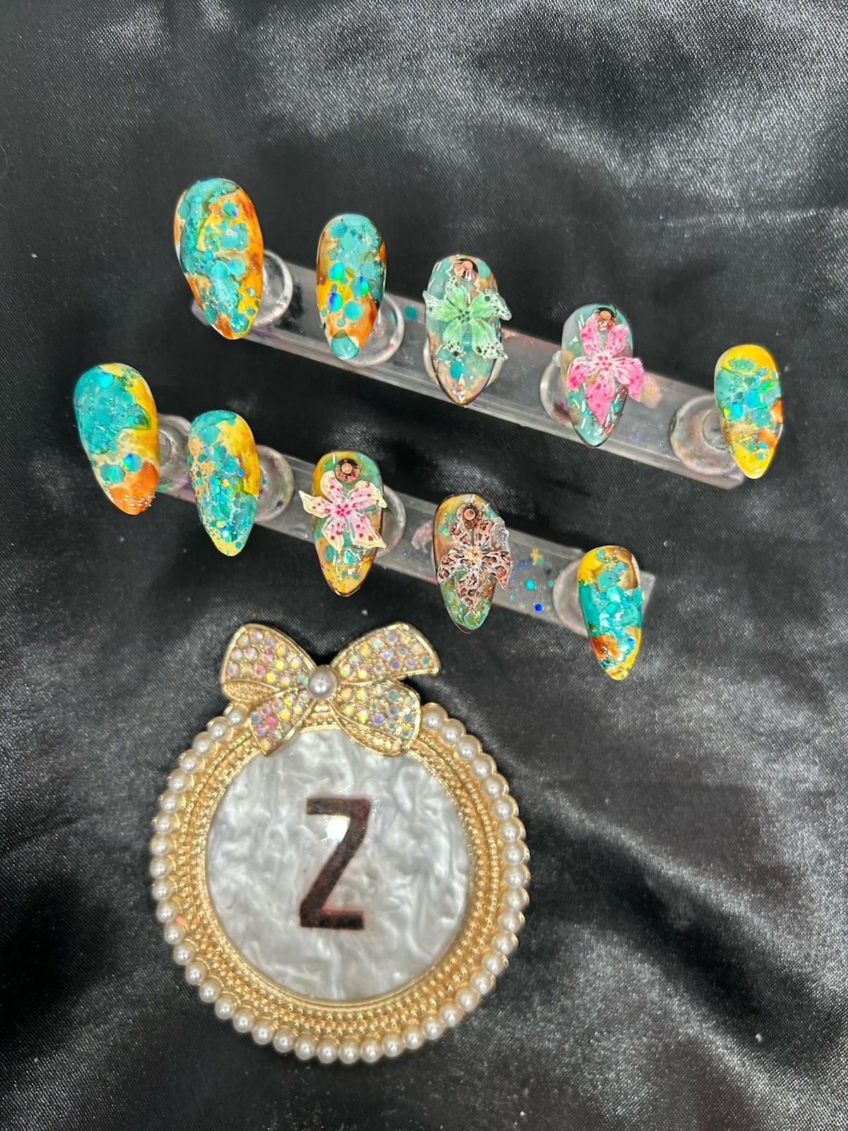Z NAILZ! Handmade M Almond Yellow/Green W/3D Hibiscus Press On Nails