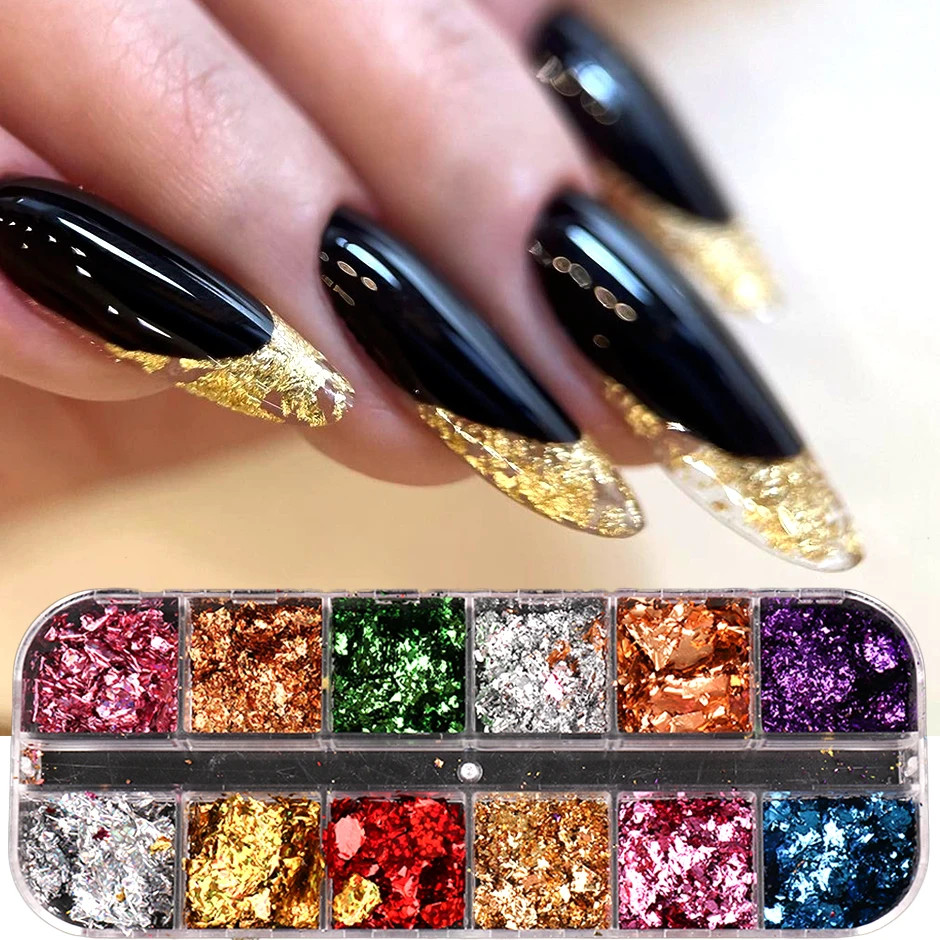 12Grids Holographic Gold Foils Nail Flakes Splendor Leaf Craft Irregular
