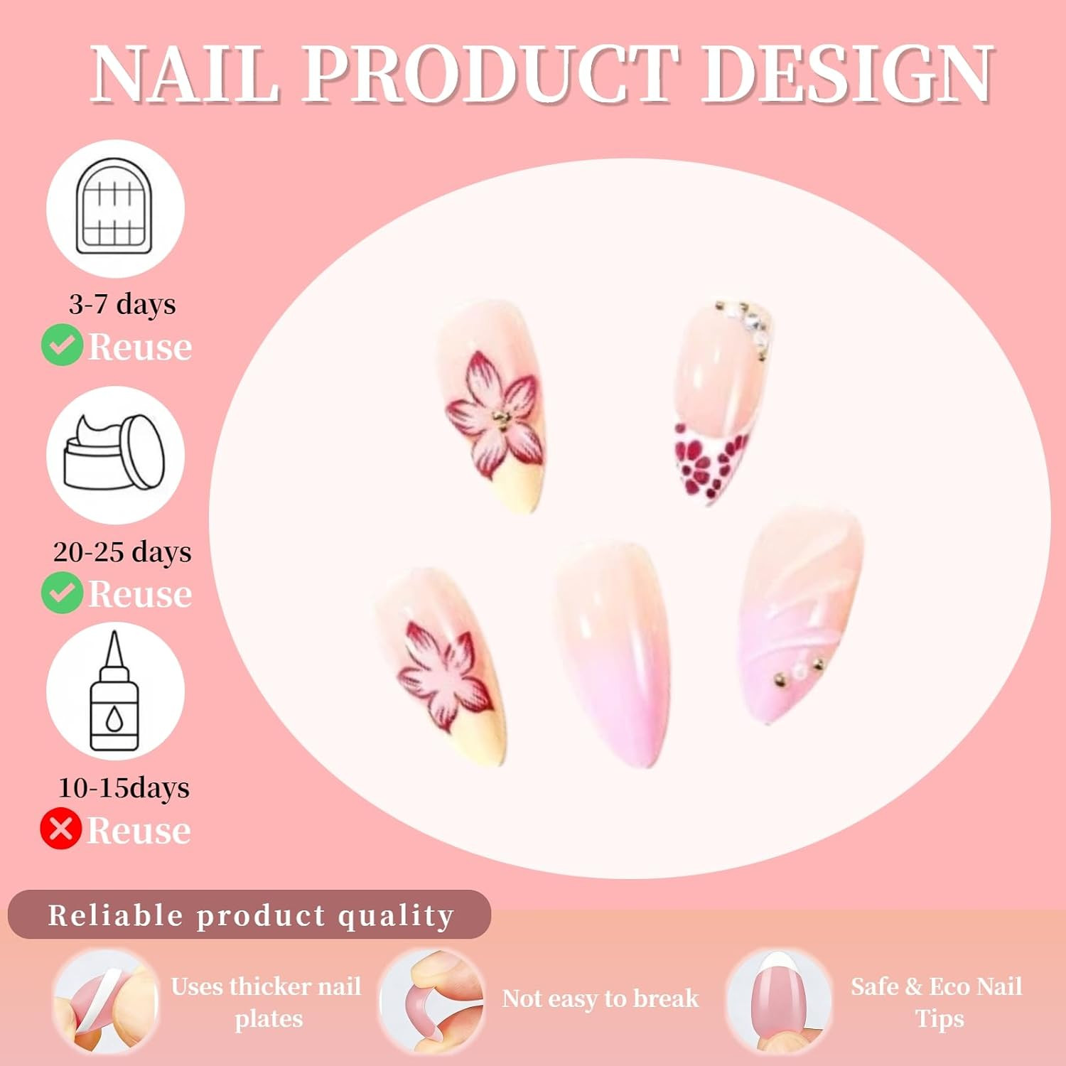24Pcs Flowers Press on Nails Medium Almond Fake Nails 3D Floral with Gold Beads