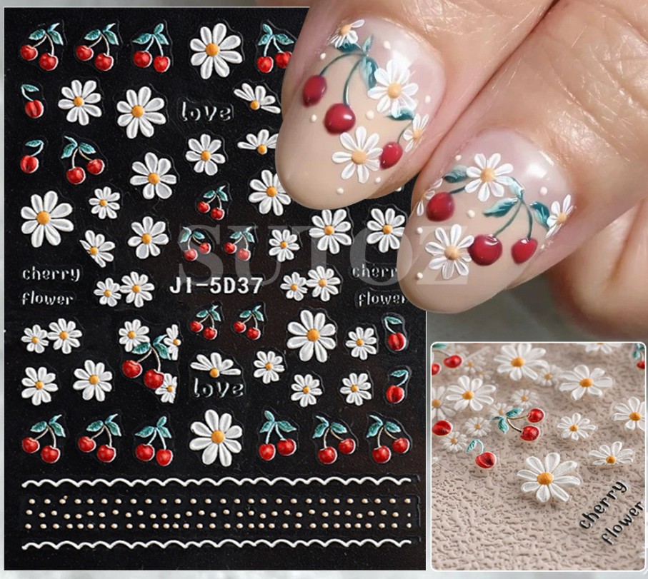 5D Embossed Whit Yellow Daisy Flower Cherry Love Nail Stickers Manicure DIY NS54