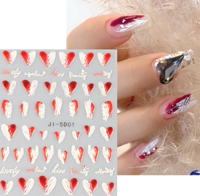 2Pcs 5D Embossed Nail Art Stickers Red Blue White Heart Decals Self-Adhesive DIY