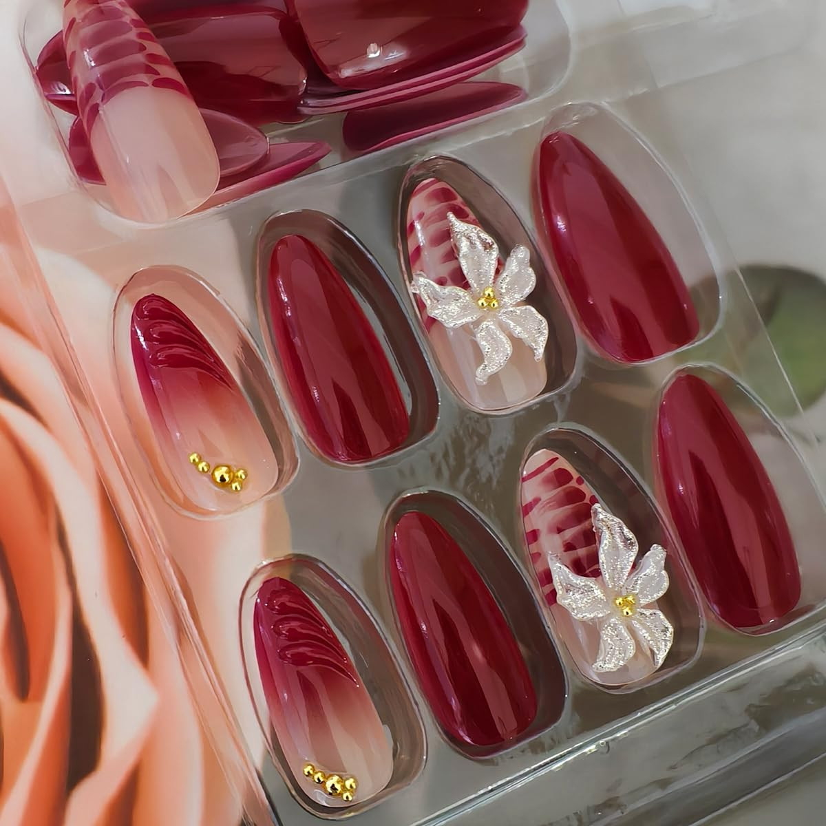 24Pcs Wine Red Press on Nails Medium Almond Flower Fake Nails Transparent 3D Flo