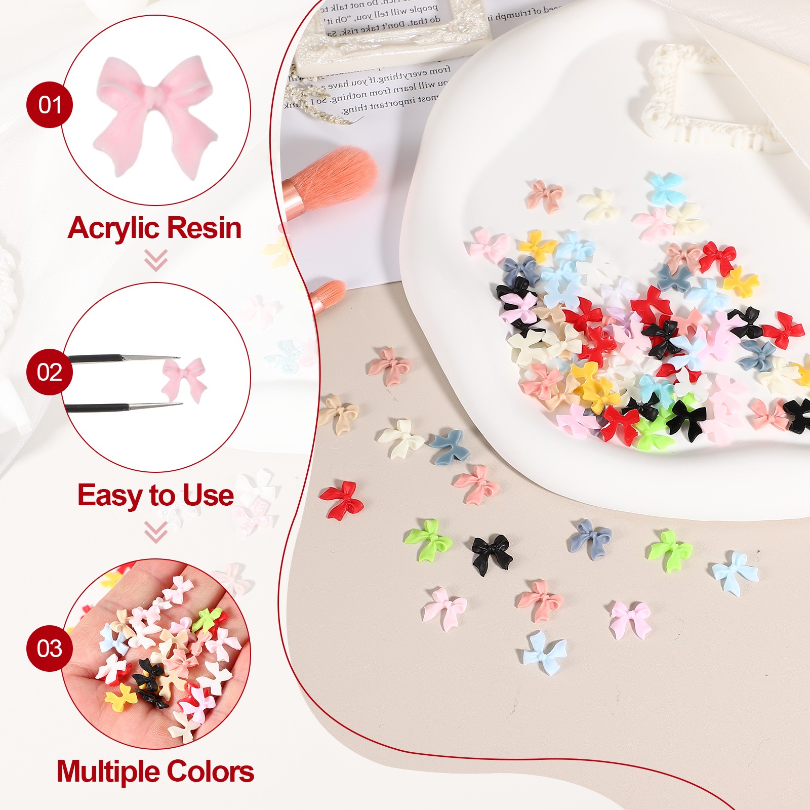 Nail Bows, 3D Flowers for Nails for DIY Manicure 100 Pcs Light Pink