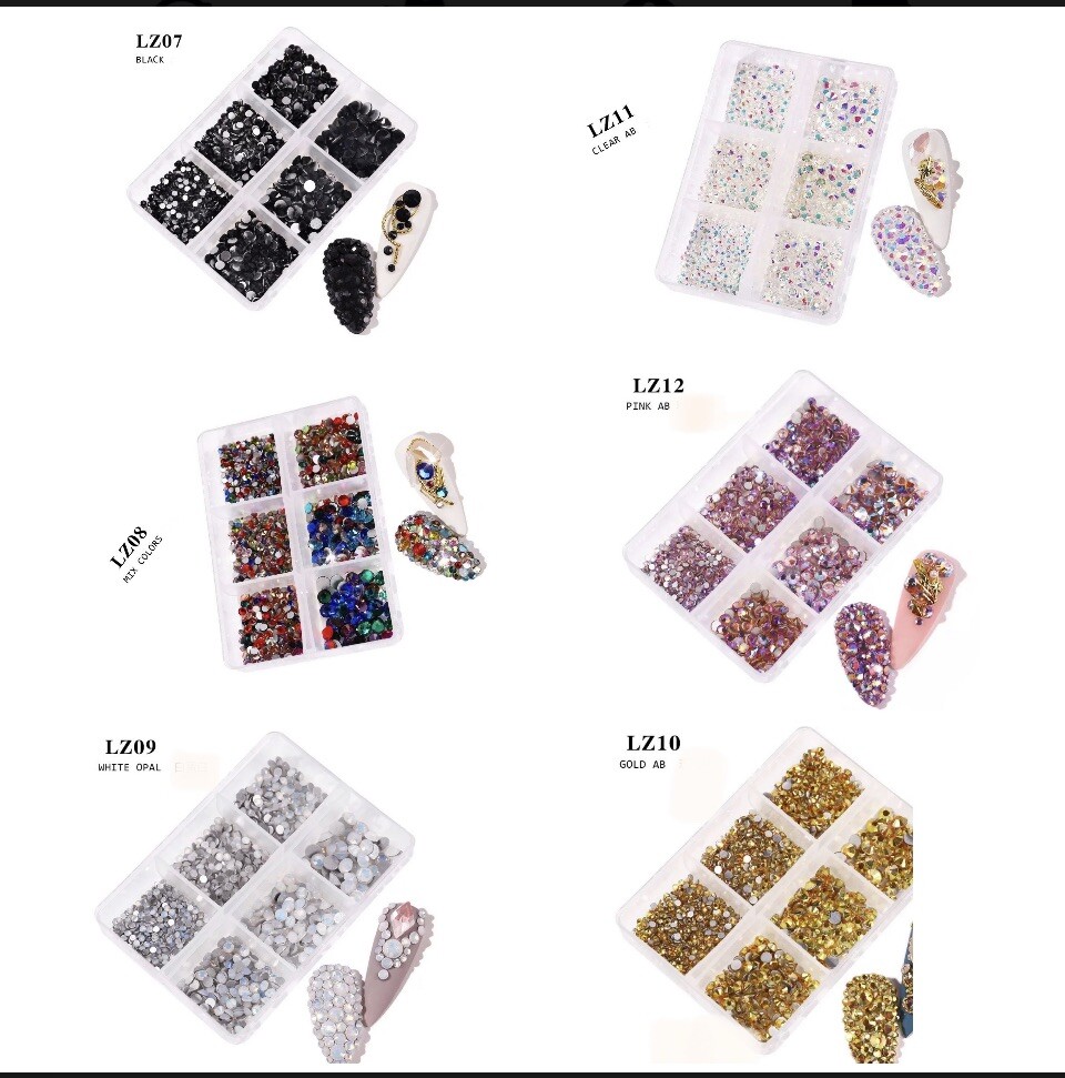 Box of 6 sets of Art Rhinestones Crystal Flat Bottom Mixed 3D Nails Decoration