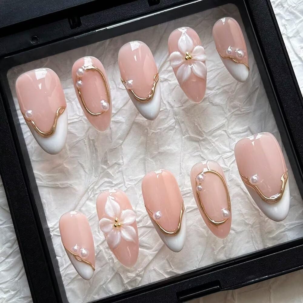 Handmade Almond Spring False Nails, 3D Floral & Pearl Design
