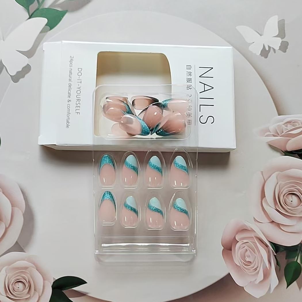 Light Blue French Tip Press on Nails Medium Almond – QUNQINLI Fake Nails Nude…