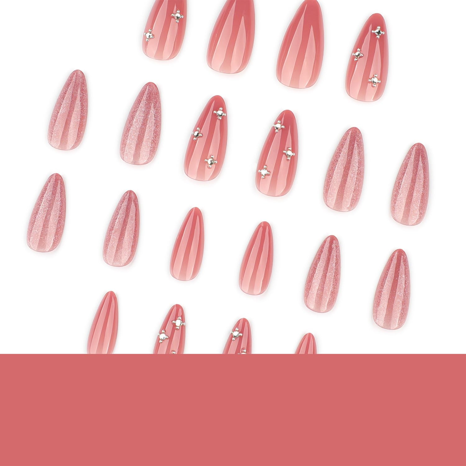 Nude Pink Cat Eye Press on Nails Almond Shape, Glossy Milky Pink Fake Nails with