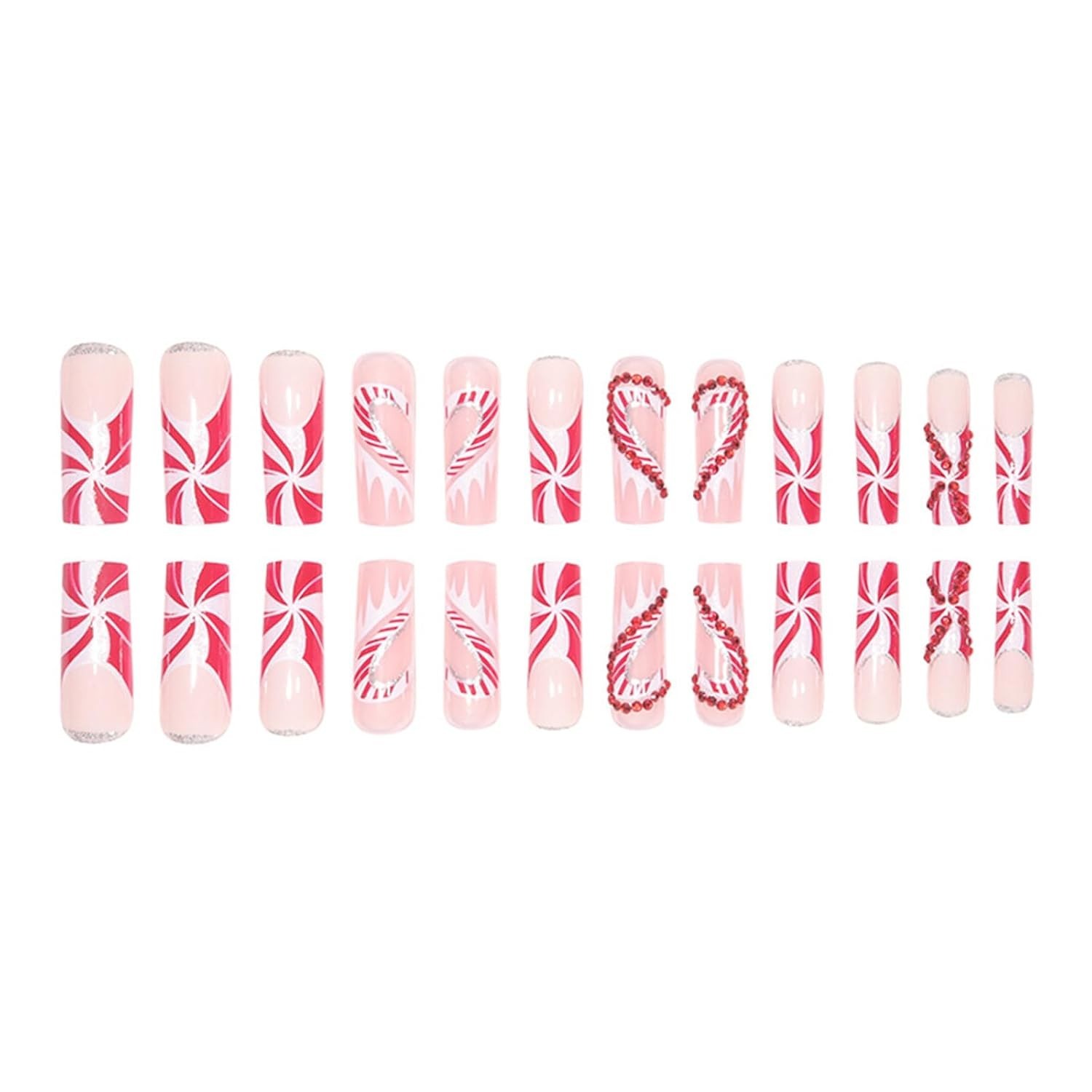 Christmas Bling French Tip Press on Nails Long Square Fake Nails with Candy C…