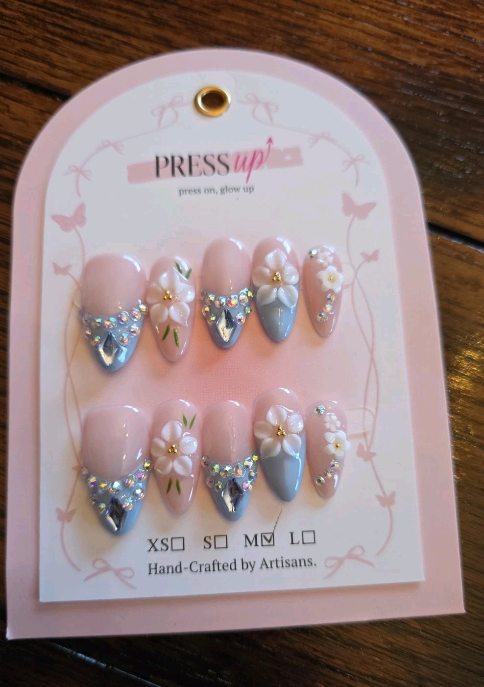 Gorgeous 3D Set Press-On Nails Blue Floral 1″ (2.5 Cm) Medium Width