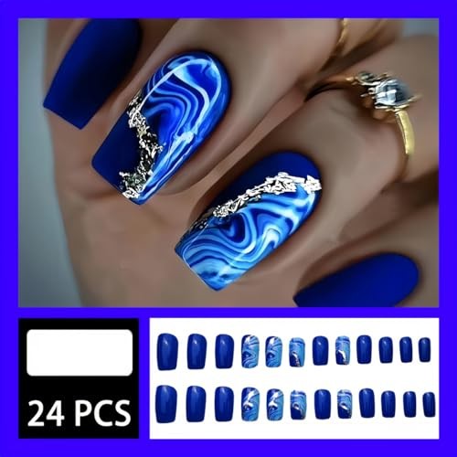 Dark Blue Press on Nails Short Square QUNQINLI Summer Fake Nails Design J4