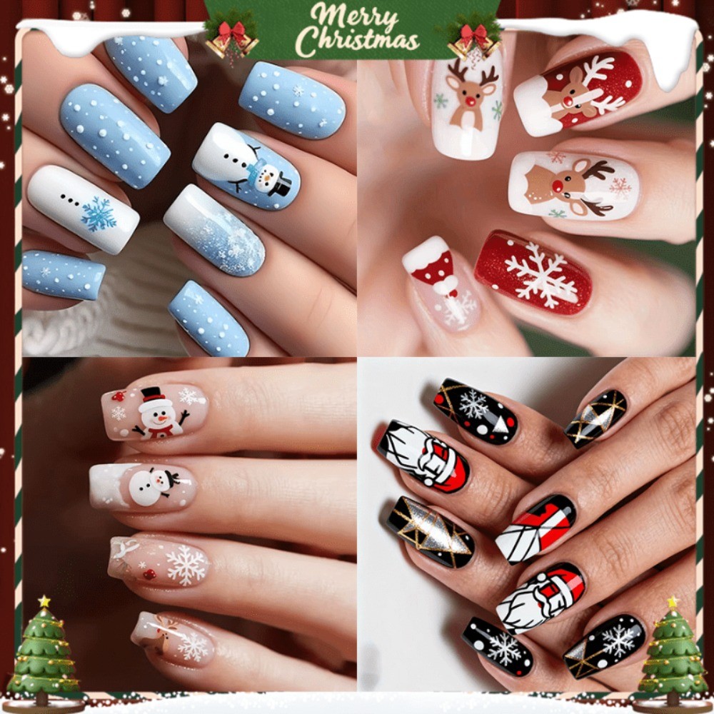 96pcs Christmas Press-on Nails Santa Snowman Snowflake Holiday Party Nails