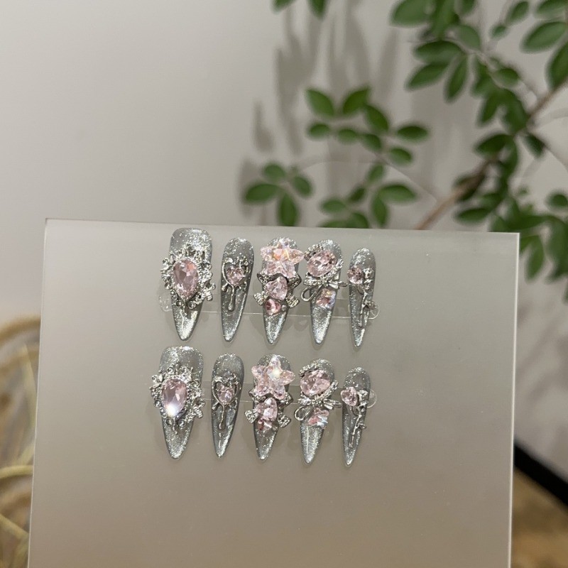 10Pcs Handmade Black Silver Cat Eye Nails Pink Diamond Long Stiletto