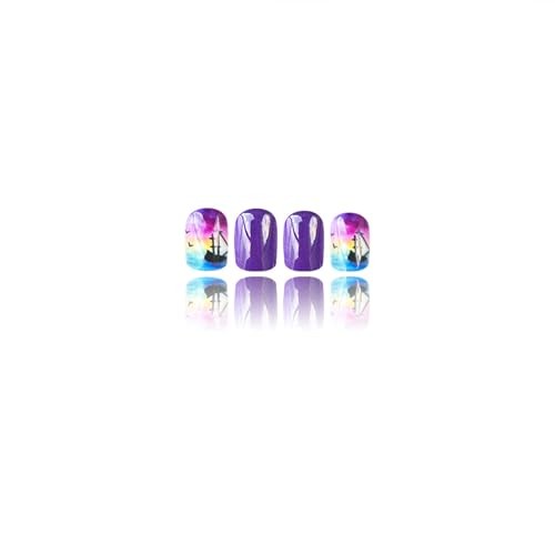 Short Press on Nails – Square Shaped Fake Nails with Palm Tree Gel Glue