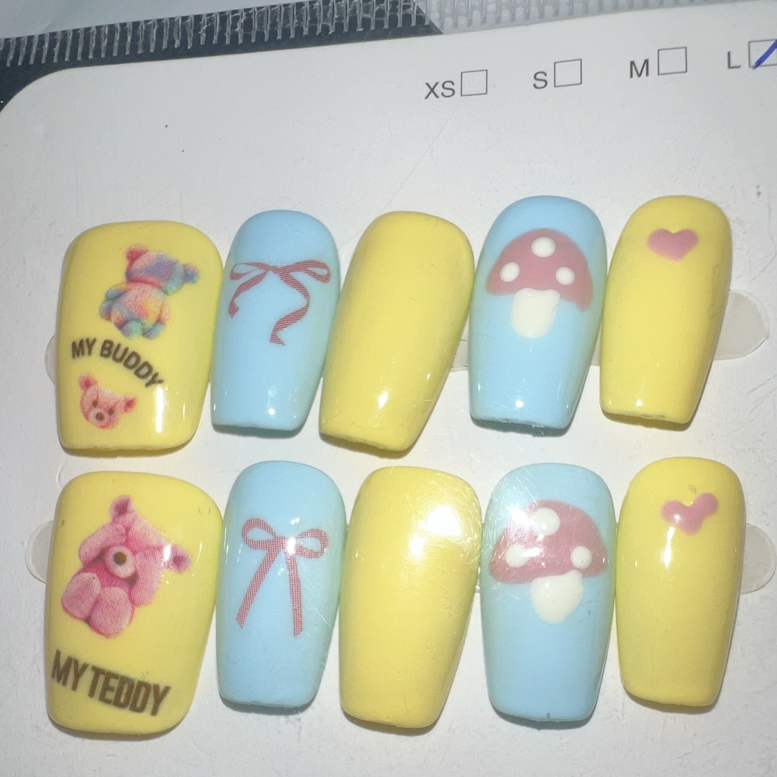 Square Press-On Nails Yellow/Blue Teddy Bear Bow Mushroom Heart Long