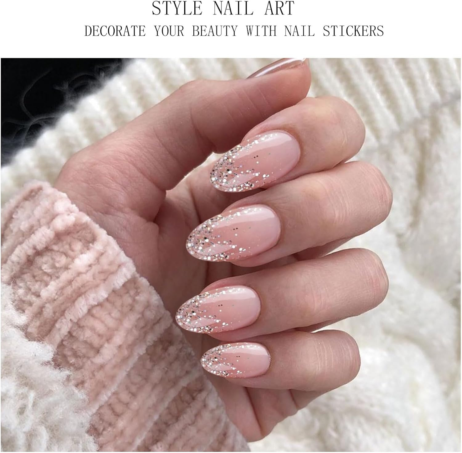 JMEOWIO Gel Nail Stickers Glitter Light Pink Cured Gel Nail Strips Wraps UV/LED