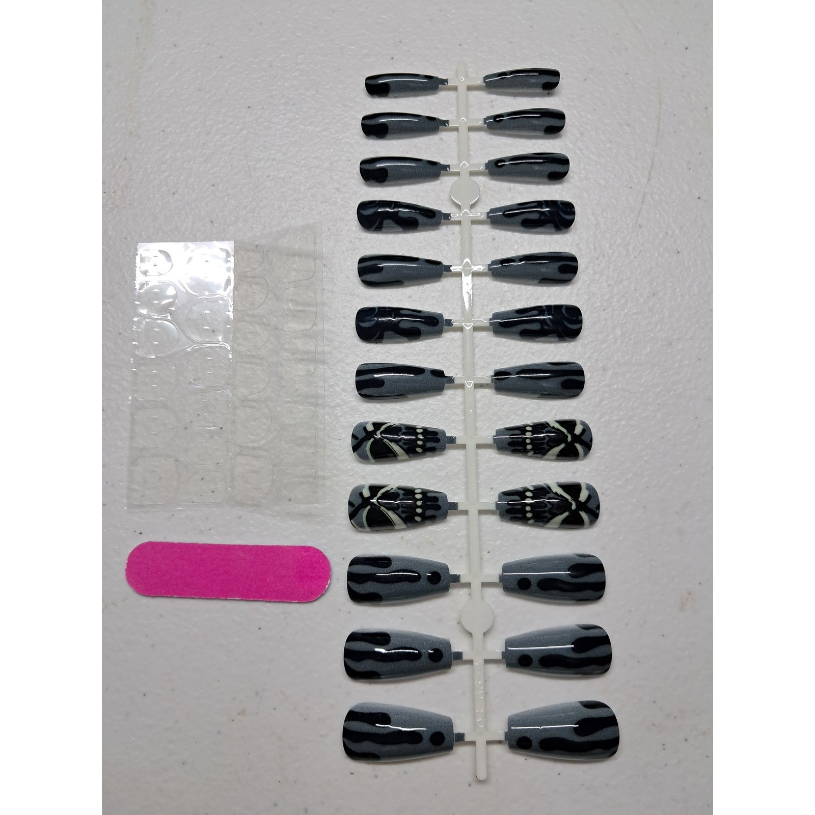 Grey Black Flame Skull Press On Nails Coffin Long Full Set with Adhesive Tabs