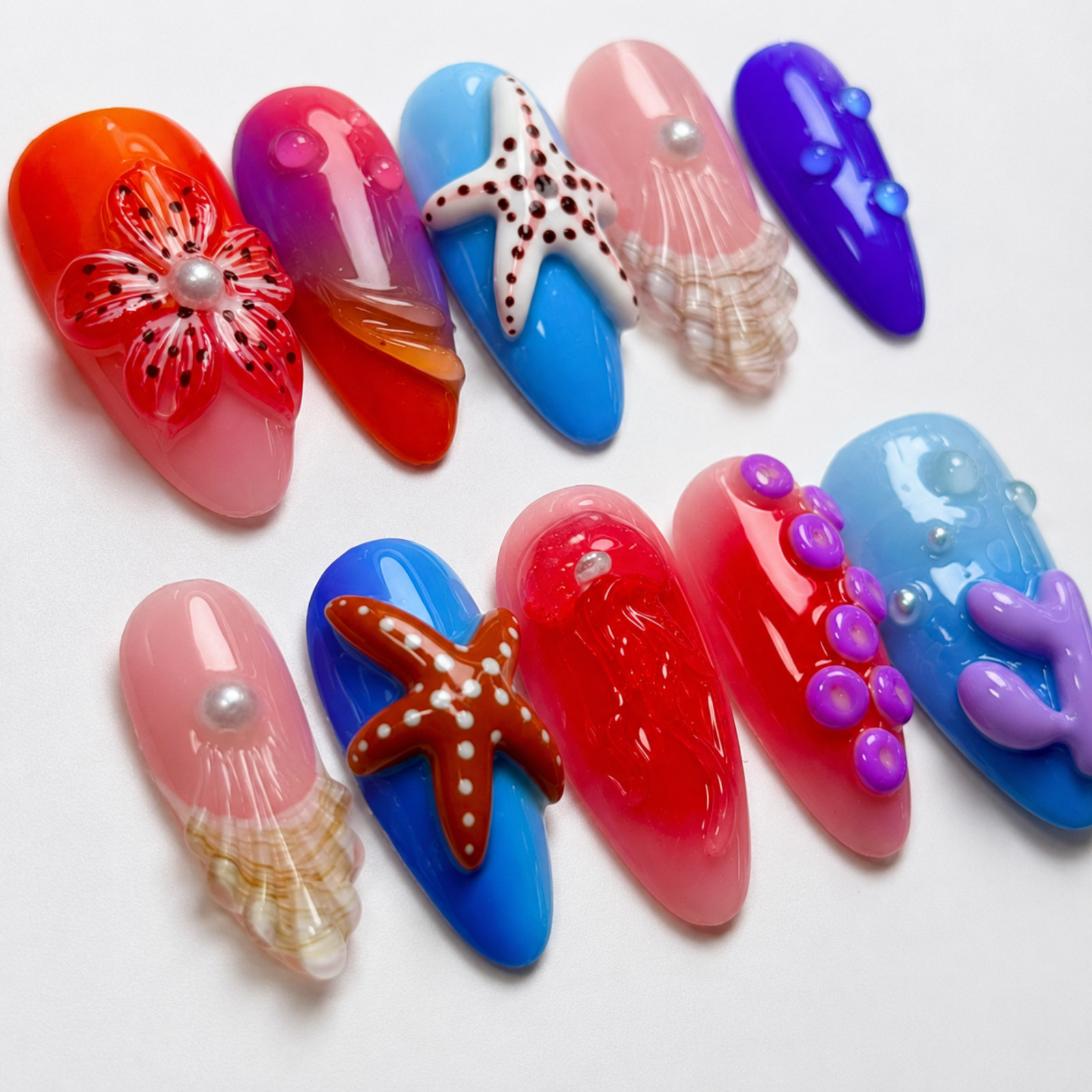 Handmade 3D Ocean Press On Nails Starfish Jellyfish Seashell Set