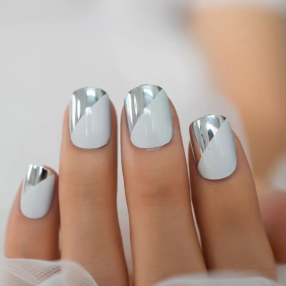 24 Short Silver White chrome Press on nails set with glue shiny metallic mirror