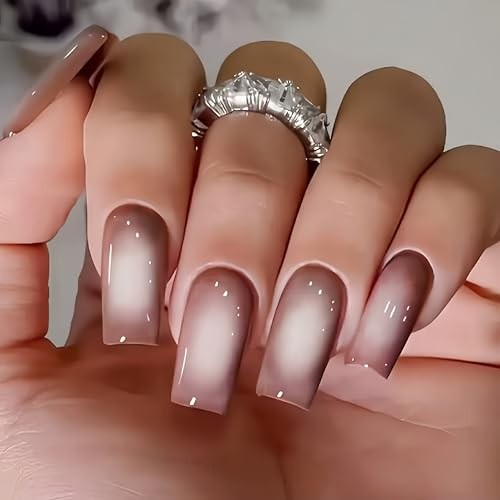 Ombre Brown Press on Nails Long Square Shaped Gradient White french brown