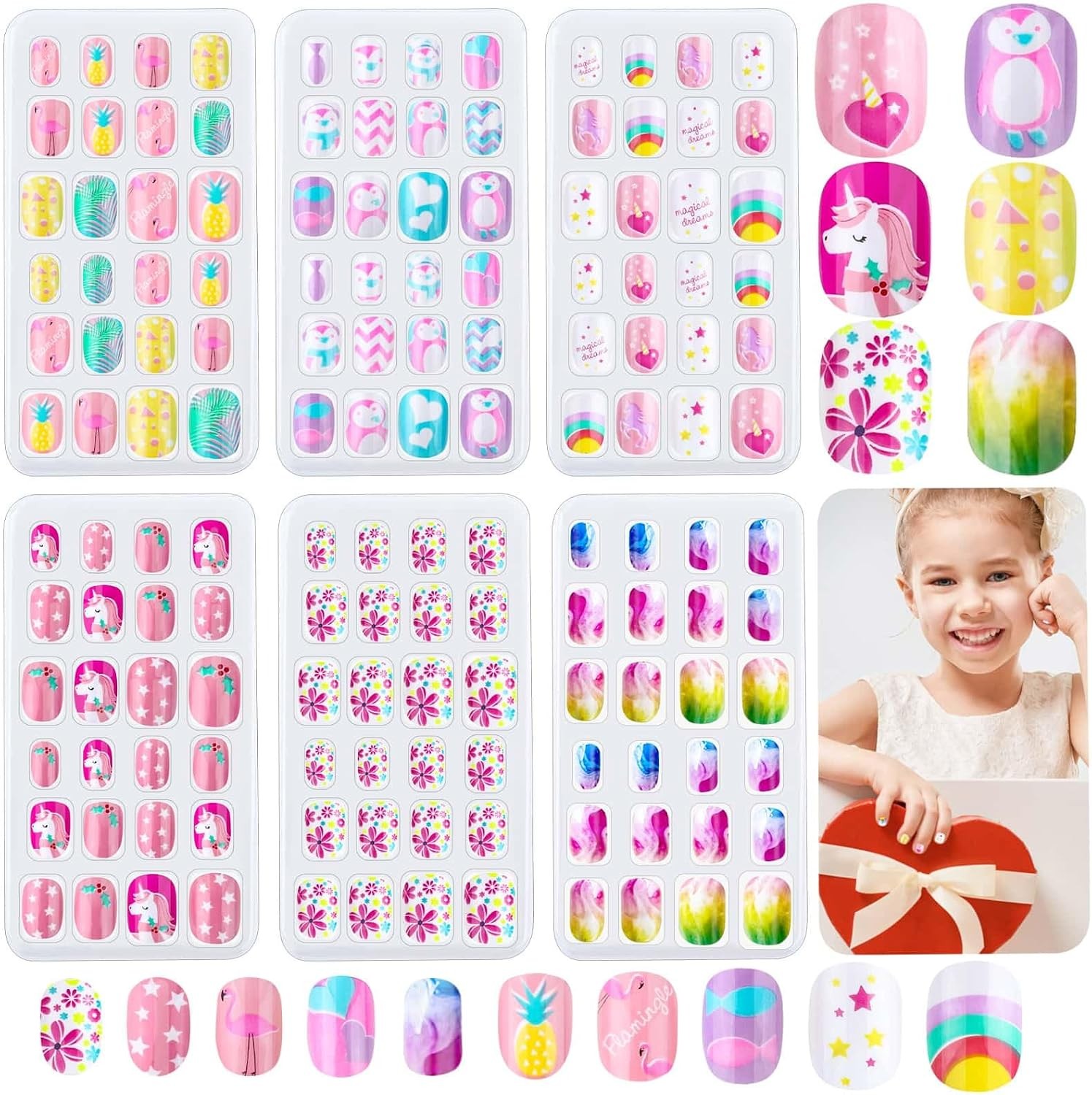 144 Pieces Press on Nails Grils, Thrilez Children Fake Artificial False Nail Tip