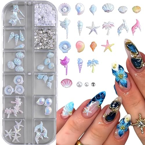 12 Grids 3D Aurora Ocean Nail Charms Summer Beach Nail Rhinestones Set with