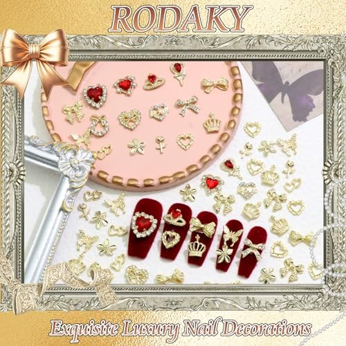 96PCS Gold Bows Nail Charms Red Heart Gems Nail Art Charm Nail Jewels Gold&Red