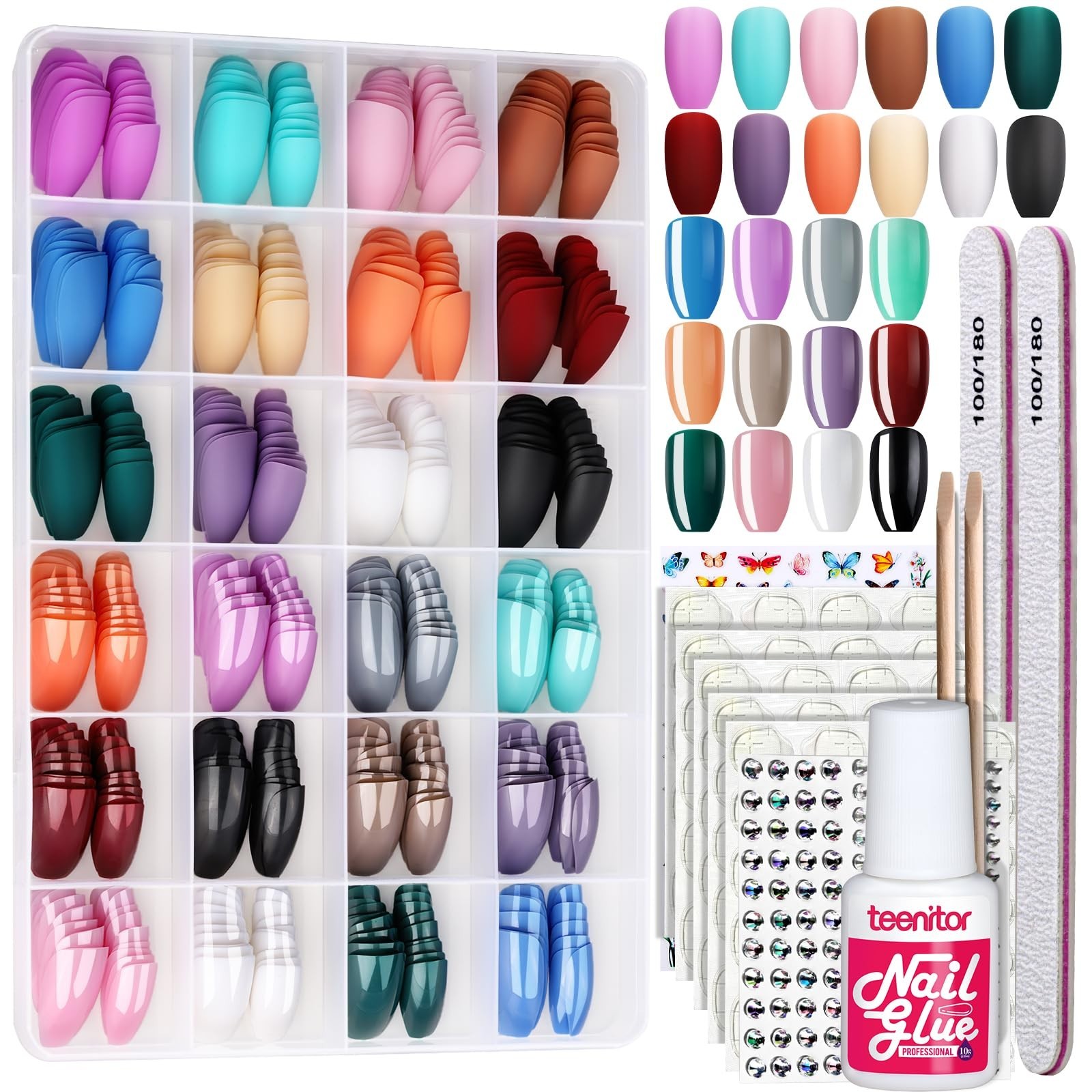 24 Pack Press On Nails – Medium Length Coffin Shape, 12 Matte & Glossy Colors, 5