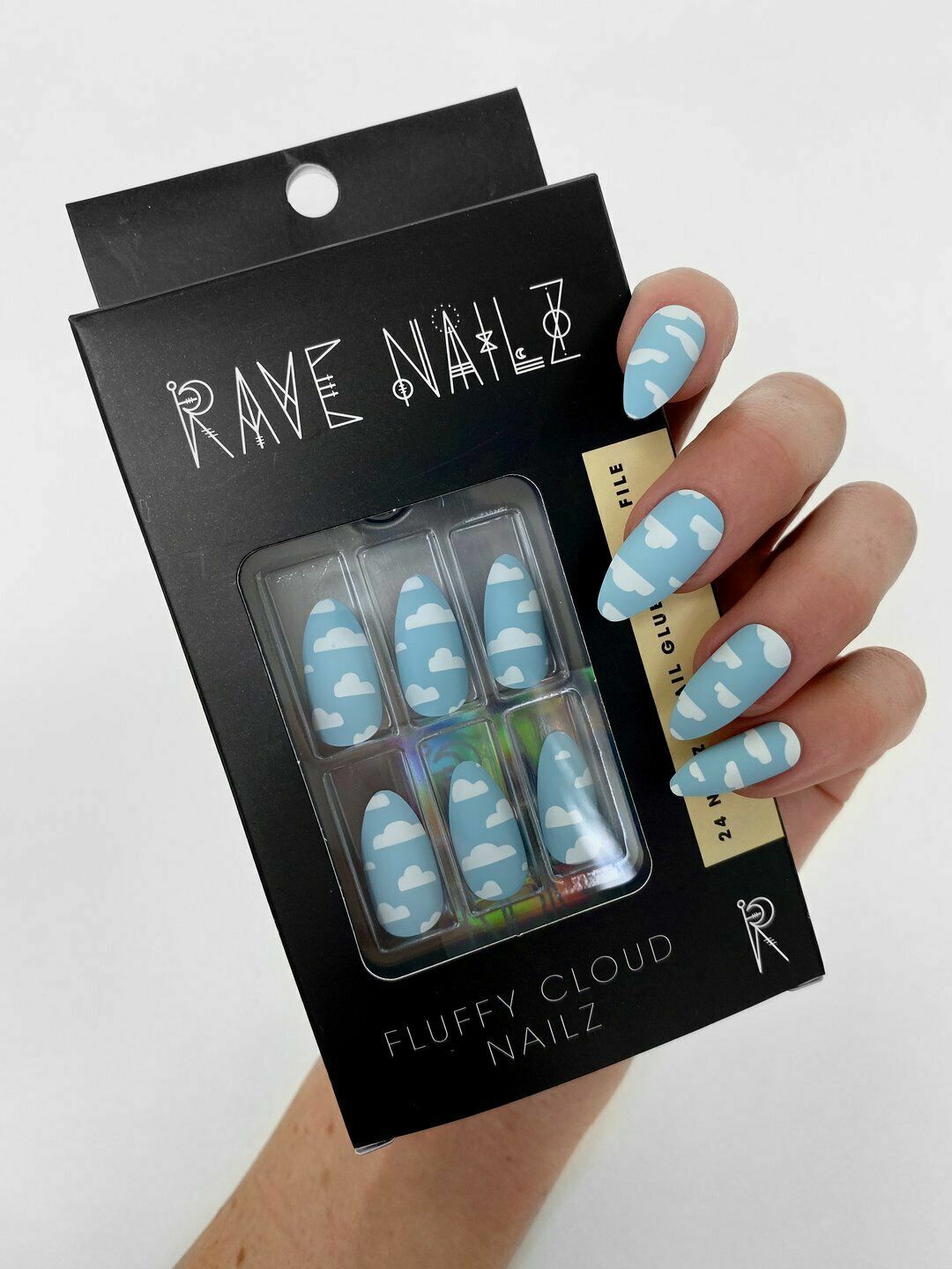 2 pack of Rave Nailz, Fluffy Cloud Nailz, Silky Matte Stiletto Nails,White/Blue