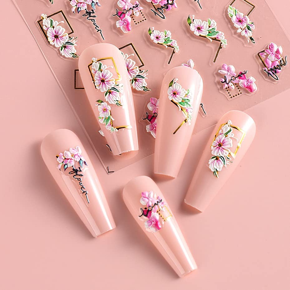 3D Embossed Flower & Leaves Nail Art Stickers Set – 4 Self-Adhesive Sheets
